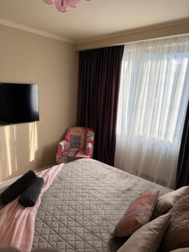 a bedroom with a bed and a chair and a window at GZP Residence Lugoj 5 in Lugoj