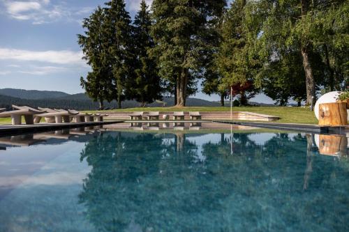 ein Schwimmbad mit Picknicktischen, Bäumen und Wasser in der Unterkunft Linta Hotel Wellness & Spa in Asiago