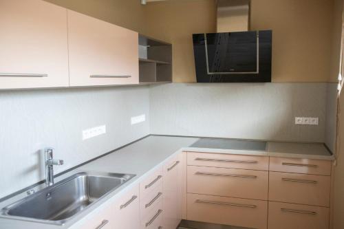 a kitchen with a sink and a microwave at Amenity Usedlost v Marinkách in Blažejov