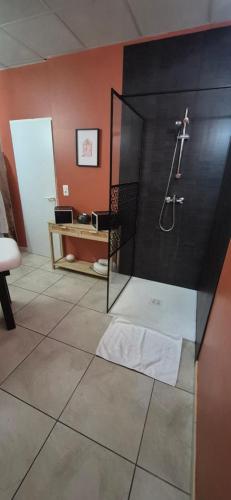 a bathroom with a shower with a towel on the floor at L'Esprit Zen #air conditioning #spa in Nercillac
