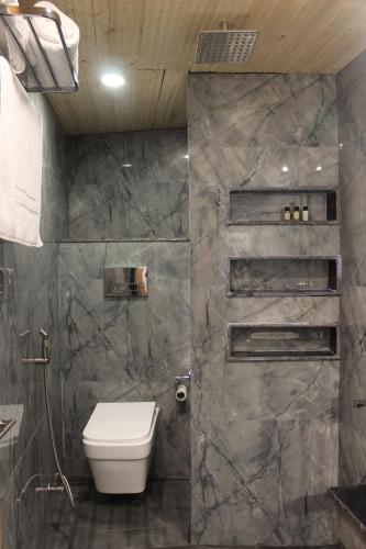 a bathroom with a toilet and a shower at Hotel Yadu Vilas in Phata