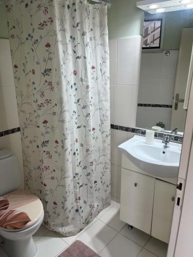 a bathroom with a shower curtain with a toilet and a sink at Studio Nefeli - Heart of Archangelos in Archangelos