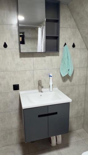 a bathroom with a sink and a mirror at რაჭული სიმშვიდე Racha Serenity in Nikortsminda