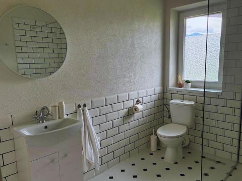 a bathroom with a toilet and a sink and a mirror at Apartmán Zulu in Liptovský Mikuláš
