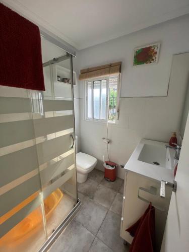 a bathroom with a shower and a toilet and a sink at Casa Playa La Barrosa in Novo Sancti Petri