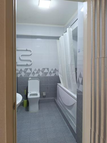 a bathroom with a toilet and a tub and a sink at Darkhan Apartment in Darhan