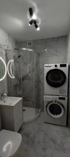 a bathroom with a shower and a toilet and a sink at Apartament Sobieskiego in Puck