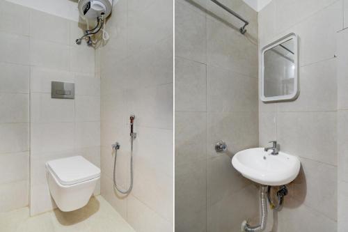 two pictures of a bathroom with a toilet and a sink at Super Townhouse Telapur Junction Formerly Fortune Inn in Hyderabad