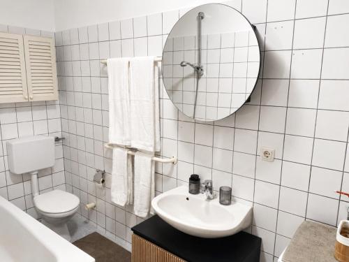 a bathroom with a sink and a toilet and a mirror at Faraway Homes Studio Enns #14 in Enns