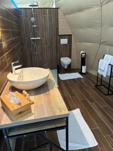 a large bathroom with a sink and a shower at Glamping De Coude Scheure in Middelkerke