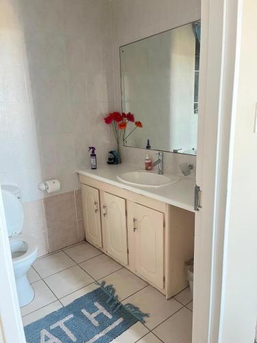 a bathroom with a sink and a toilet and a mirror at Margate Boulevard - Seaview Apartment in Margate