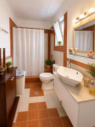 a bathroom with a sink and a toilet and a mirror at Marilena's Houses in Kallithea Rhodes