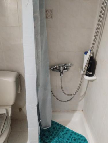a bathroom with a bath tub with a shower curtain at Αλέξανδρος 3 in Myrina