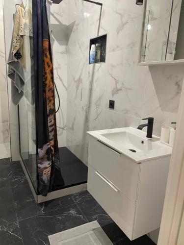 a white bathroom with a shower and a sink at Jana holiday in Paris in Arcueil