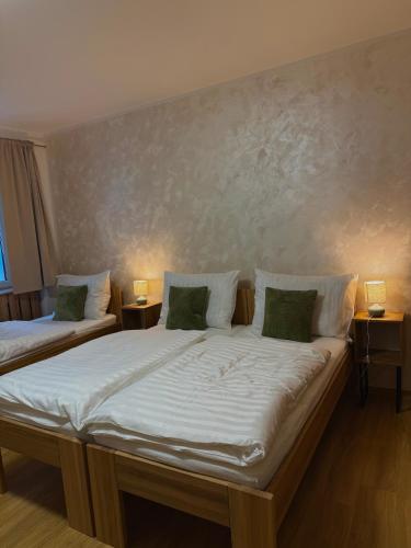 two beds in a room with two lamps on tables at Penzion Tlustá kachna in Chrudim