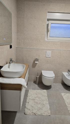 ein Badezimmer mit Waschbecken, Toilette und Fenster in der Unterkunft Apartman Anđa in Široki Brijeg