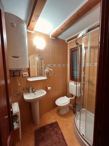 a bathroom with a toilet and a sink and a shower at Hanga Apartments in Sovata