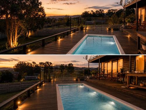 a house with a swimming pool at sunset at Cabañas Valle de los Ciervos in Tandil