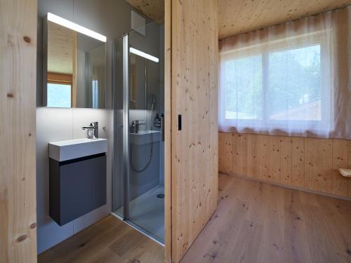 a bathroom with a shower and a sink at Holz100 Kleinhaus in Attinghausen