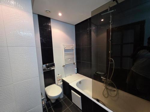 a bathroom with a toilet and a sink and a tub at luxurious two bedroom appartement in Hiboun