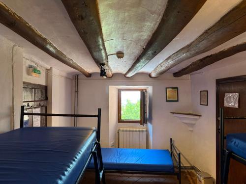 a bedroom with a blue bed in a room with a window at Albergue OasisTrails for pilgrims on Camino de Santiago in Villamayor de Monjardín