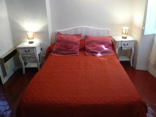 a bedroom with a bed with red sheets and two tables at Le gîte petit-conil in Correns