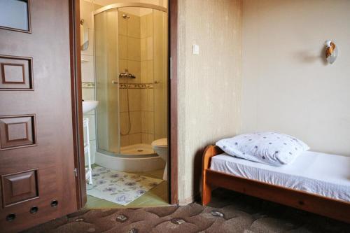 a bathroom with a shower and a bed and a toilet at Pokoje Iza in Chałupy