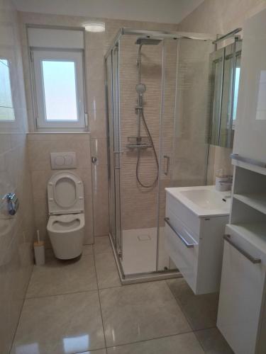 a bathroom with a shower and a toilet and a sink at Adriatic Pearl Povile in Povile