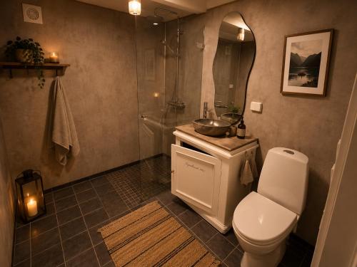 a bathroom with a toilet and a sink and a shower at Sjøhuset Sjøholt in Sjøholt