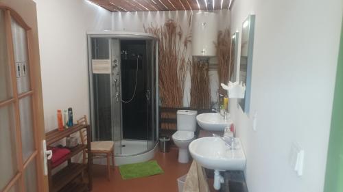 a bathroom with two sinks and a shower and two toilets at Tree Tent Bratislava in Prievoz