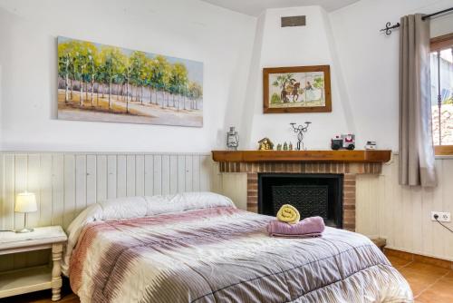 a bedroom with a bed and a fireplace at Carrebaix Loft in Orba