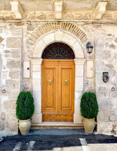 a wooden door on a stone building with two bushes at Via Roma 40 - apartment in Pacentro