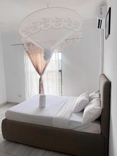 a bedroom with a bed with a curtain and a window at Mlambe Executive Apartments in Lilongwe