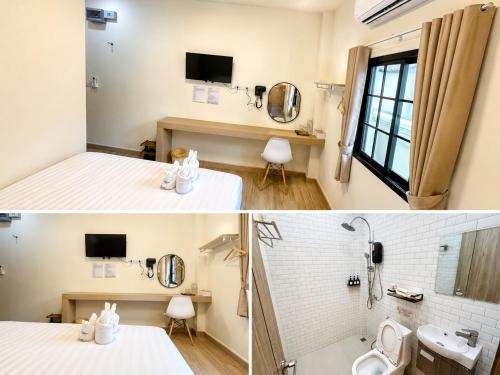 a bathroom with a shower and a sink and a toilet at Full House Chiangkhan 21 in Chiang Khan