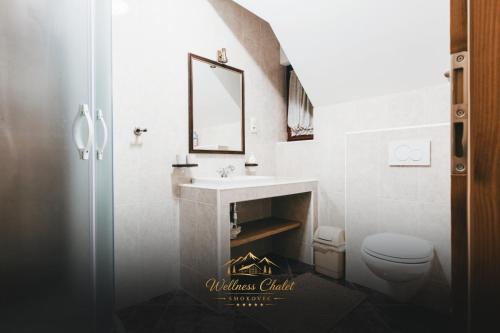 a bathroom with a sink and a toilet and a mirror at Wellness chalet Smokovec in Vysoké Tatry