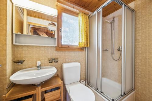 a bathroom with a toilet and a sink and a shower at Chalet Siesta OG in Bellwald