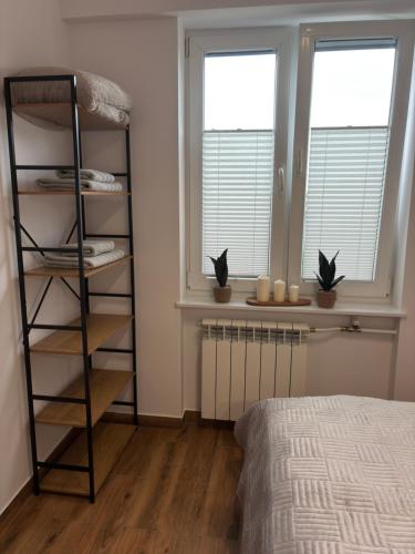 a bedroom with a book shelf and two windows at Apartament Kopernikus in Grodzisk Mazowiecki