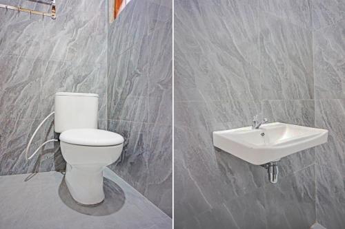 two pictures of a bathroom with a toilet and a sink at Hotel O Kuta Alam Near Masjid Oman Al-Makmur Formerly Daka Hotel in Lheue