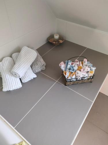 a basket of toys on the floor of a bathroom at chambre Chez sylvie in Allaire