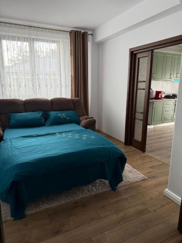 a bedroom with a blue bed and a mirror at Eli house in Târgu Neamț