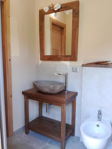 a bathroom with a bowl sink and a mirror at La Sosto de Cesi - B&B in Grange Pieccia