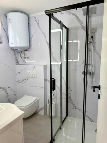 ein weißes Badezimmer mit Dusche und Toilette in der Unterkunft Aquaverde in Orašac