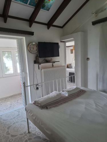 a bedroom with a bed and a tv on the wall at Διαμερισμα επάνω στο κυμα in Kineta