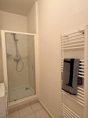 a bathroom with a shower with a glass shower stall at Le COCON centre de Bethune in Béthune