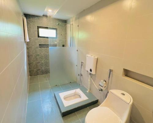 a bathroom with a toilet and a shower at Hotel Desert Bloom Skardu in Skardu