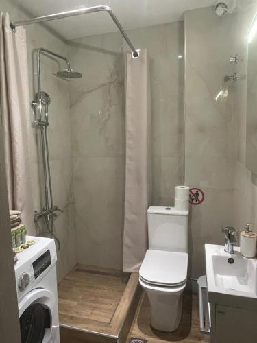 a bathroom with a shower with a toilet and a sink at Olena Apartment in Nea Moudania