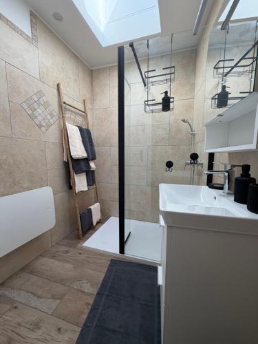 a bathroom with a sink and a shower at Au Souffle Marin Maison 2 chambres in Berck-sur-Mer