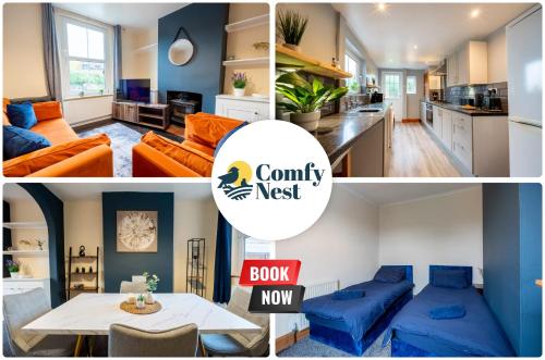a collage of photos of a kitchen and a living room at 3 BD 5 Beds WiFi in Wellingborough