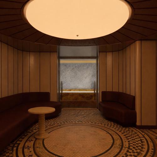 a living room with a table and a couch and a circular light at Bourbon Hôtel in Courchevel