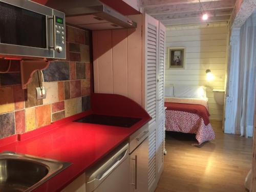 a small kitchen with a sink and a bed in a room at Apartamentos Alquitara in Potes